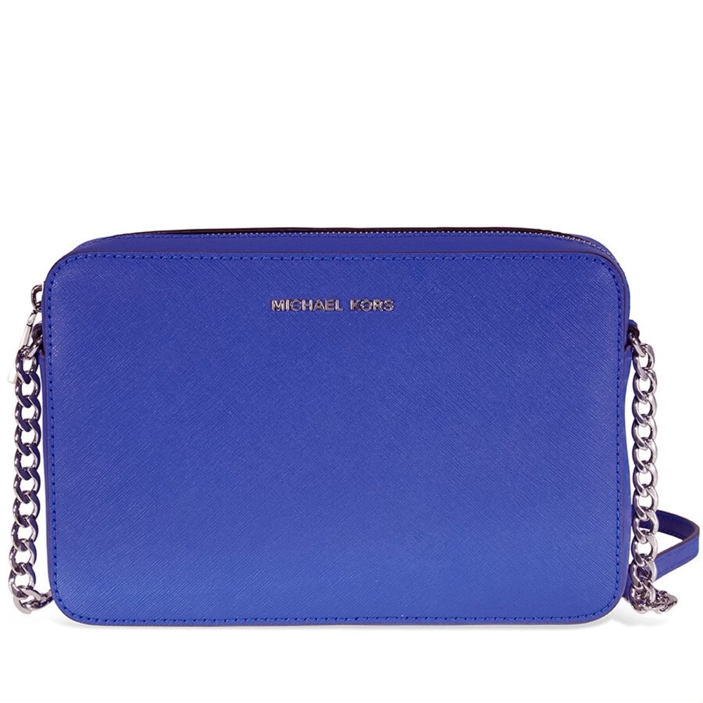 MICHAEL KORS JET SET TRAVEL LARGE EW CROSSBODY Leather Electric Blue w/ Sliver